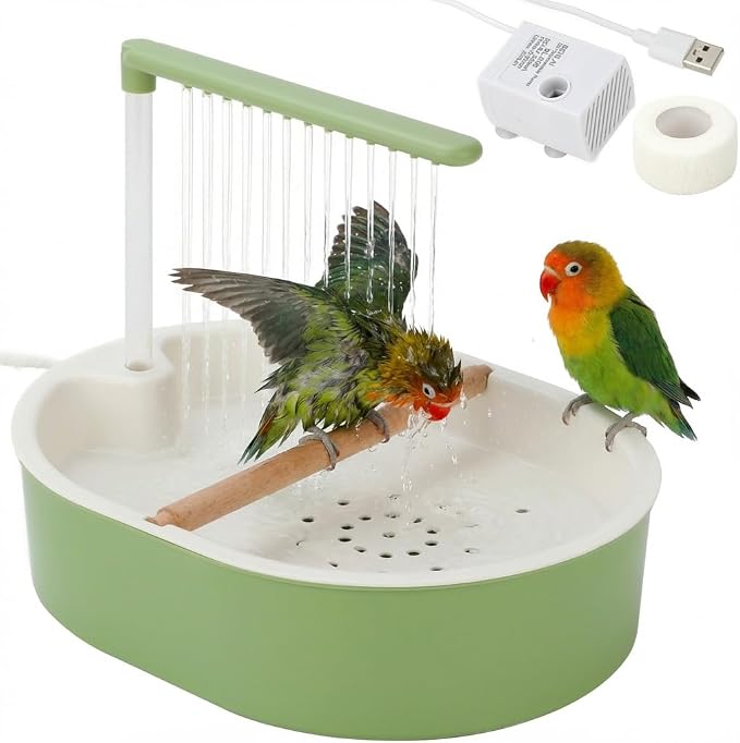 Automatic Parakeet Bird Bath with Quiet Running Water Pump Tub | Electric Parrot Bathtub Toy with Shower for Small Medium Birds, Cockatiel, Budgie, Conure, Lovebird, Quaker