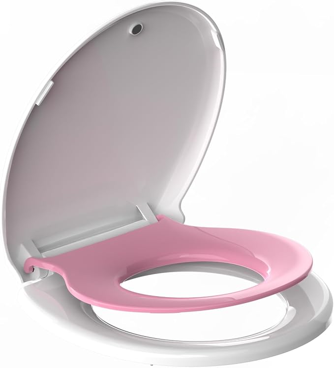 Potty Training Seat for Adults & Kids , 2-in-1 Round Toilet Seat with Toddler Seat, Soft Close Lid & Easy Install , 16.5inch,PP Safe Material,Pink