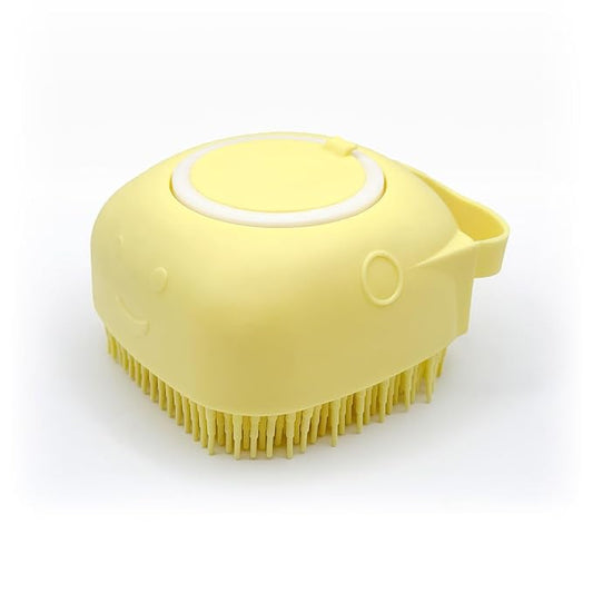 HamInWay Dog Bath Brush, 2-in-1 Dog Grooming Brush with Built-in Shampoo Dispenser, Gentle Silicone Bristles for Bath & Massage, Non-Slip Handle, Easy Clean Design for Dogs, Cats & Small Pets, Yellow