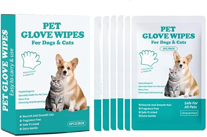 Pet Grooming Glove Wipes(Individually Wrap), Disposable Cleaning Gloves for Dog Bath, Unscented, Deodorant Bath Gloves, No-Rinse, Extra Large, Thickened Wipes for Dog Cat Daily Care, Traveling (6pcs)