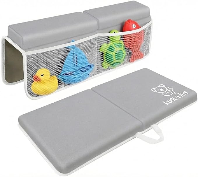 Premium Baby Bath Kneeler & Elbow Rest Pad Set – Thick Memory Foam Cushion – Non-Slip Mat with Mesh Toy Organizer – Baby Bathing Essentials for Parents – Gray