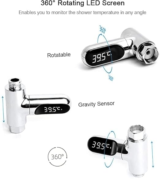 Baby Shower Water Thermometer, 360° Rotatable LED Digital Display with 3-Color Indicator, No Battery Hydropower Instant-Read Thermometer, Universal 1/2" Nut for Bathroom Kitchen Baby Bath
