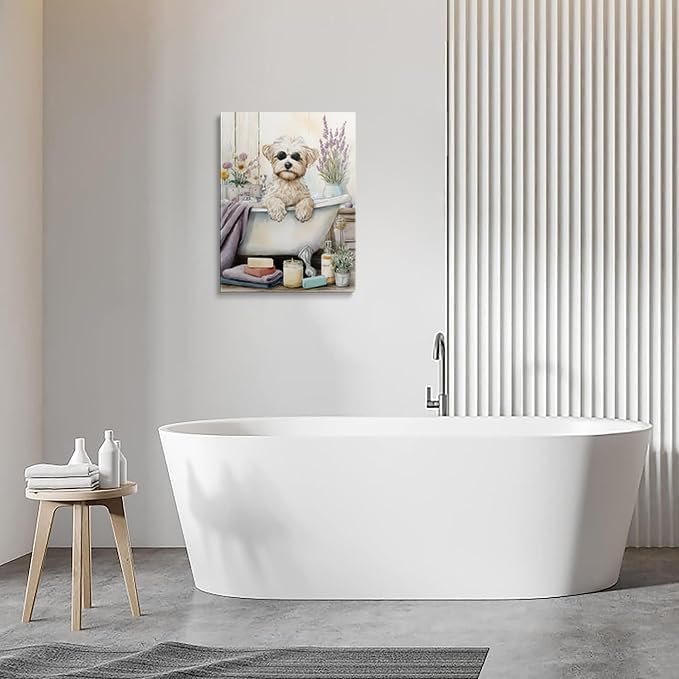 Framed Cute Dog Bathroom Wall Art Canvas Spa Bath Decor Gifts 12x16 Inches | Cute dog bathroom canvas with bath tub sunglasses lavender towels ready to hang for spa bathroom powder room pet lover decor