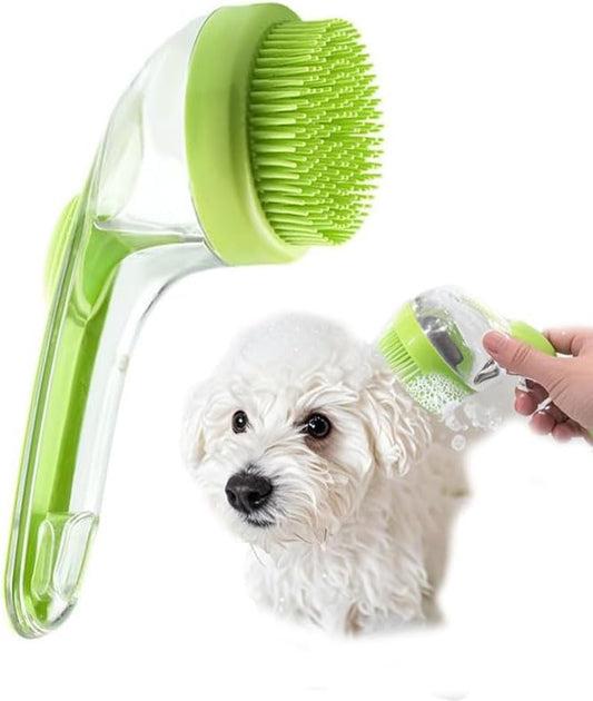 Pet Bath Brush with Shampoo Dispenser - Silicone Massage Grooming Tool for Cats & Dogs, Long Handle Dog Cat Bath Brush for Wet/Dry Use Green (ABS + Food-Grade Silicone, 7.5")