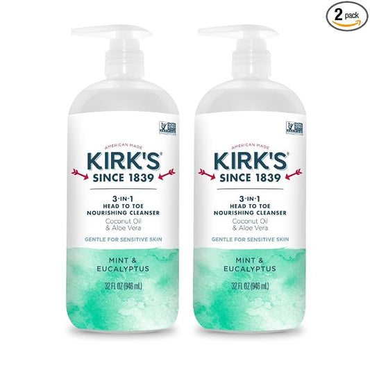 Kirk's Mint and Eucalyptus 3-in-1 Nourishing Cleanser, Shampoo Body Wash Bubble Bath, Coconut Oil and Aloe Vera, Vegan Non-GMO, 32 Fl Oz, Pack of 2