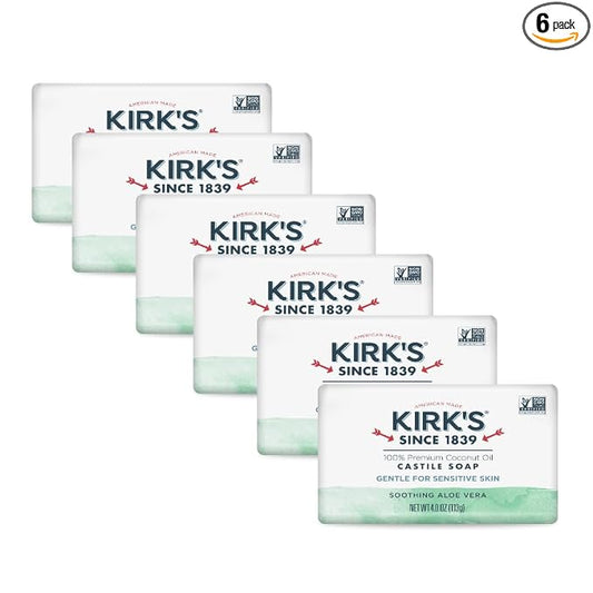Kirk's Castile Bar Soap, Aloe Vera - Clinically Tested, Safe for Sensitive Skin with Coconut Oil, Vegan and Non-GMO - 4 oz Bars, 6 Pack