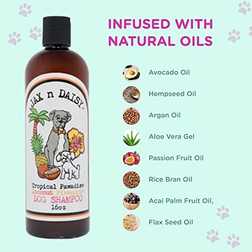 Jax N Daisy Dog Shampoo | Delightful Tropical Pawadise Coconut Pineapple Dog Shampoo for Puppy & Adult Dogs | Made with Natural Essential Oils | Eliminates Odor from Smelly Dogs | 16 Oz