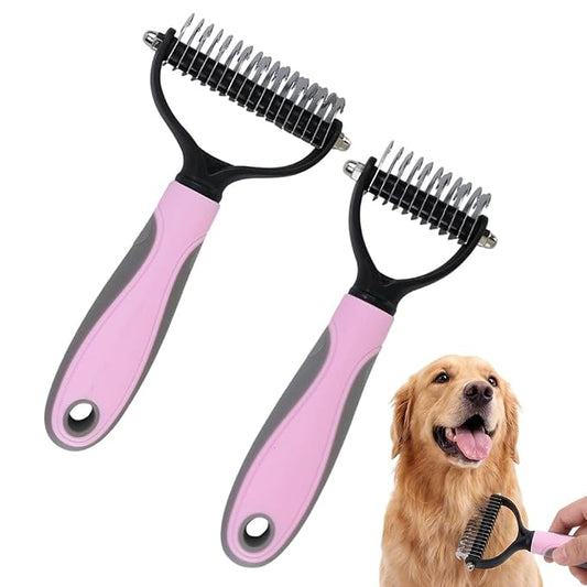 Double-Sided Pet Grooming Brush, Pro Tool For Dogs Shedding Stainless Steel Dual Tooth Undercoat Rake Detangling Comb Ergonomic Pet Grooming Brush (Pink, 2PCS)