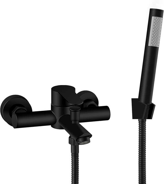 Aolemi Matte Black Wall Mount Bathtub Faucet with Handheld Shower Stainless Steel SUS304 Single Handle Shower Basin Mixer Taps 6 Inch Center Tub Filler for Bath