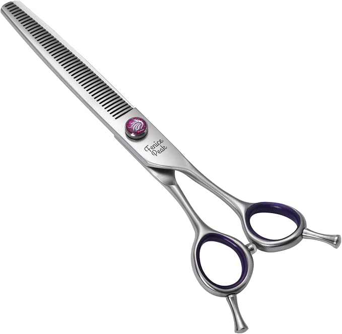 7'' Thinning Dog Grooming Scissors with Purple Finger Rings and Flashing Screw Professional 440C Stainless Steel Natural Color Pet Thinning Shears with Offset Handle Durable and Sharp