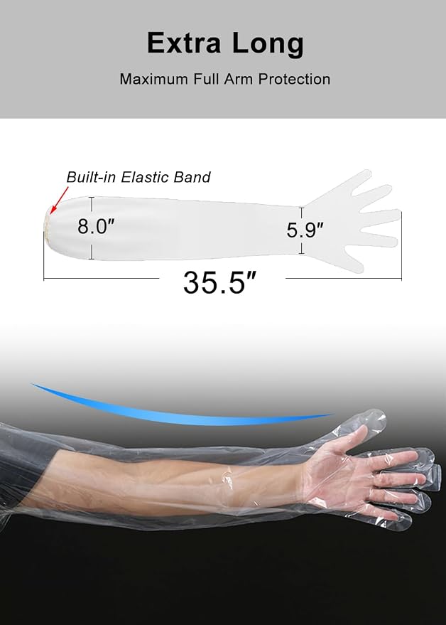 50Pcs Waterproof Arm Cast Cover for Shower Bath (Built-in Elastic Band) Disposable Long Gloves Plastic Full Arm 35.5 inch Field Dressing Cow Palpation Garden Operations Pet Cleaning Food Prep