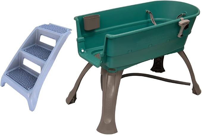 Booster Bath Elevated Portable Pet Bathing and Grooming Dog Bath Tub, Teal, Large, Steps Combo
