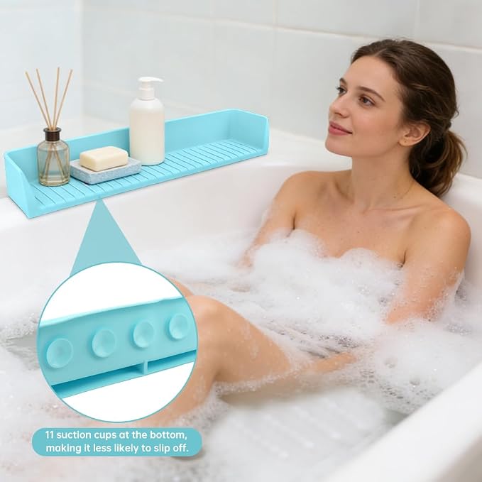 Bathtub Splash Guard, Longer Silicone Splash Guard for Bathtub with 11 Suction Cups, Prevents Water Spills in Bathroom, with Storage Area, 31.5" x 4.53" (Color:Blue)