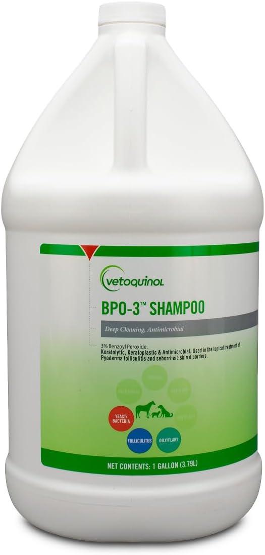 Vetoquinol BPO-3 Shampoo for Dogs, Cats & Horses (3% Benzoyl Peroxide) – 128oz – Deep Cleaning, Medicated Shampoo Opens & Flushes Hair Follicles – Degreases Oily Coats – Soothes Red, Flaky, Itchy Skin