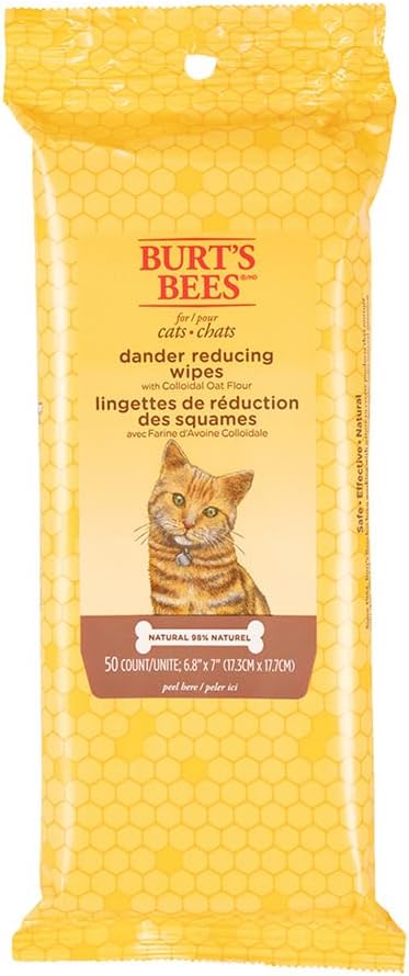 Burt's Bees for Pets Cat Dander Remover Wipes, Colloidal Oat Flour and Aloe to Soothe Dry Skin and Reduce Flaking, Unscented Grooming Cloths for Cats and Kittens, 50 Count