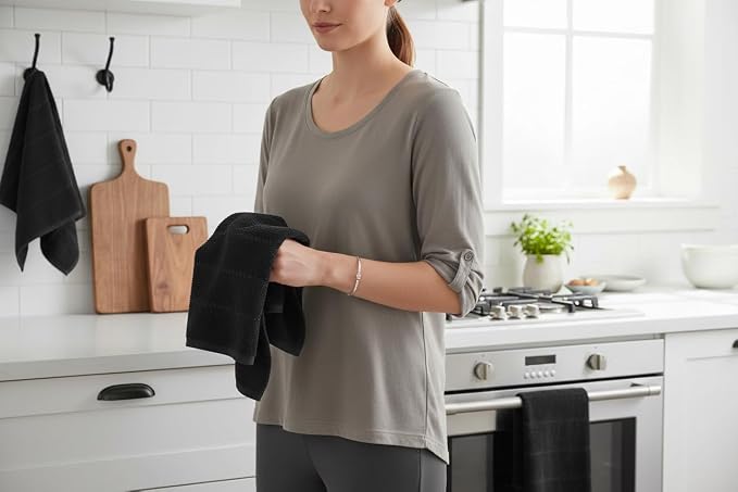 Serafina Home Black Textured Kitchen Hand Dish Towels 100% Cotton Cloth Soft Cleaning Drying Absorbent Terry Loop: Set of 3 Multipurpose for Everyday Use