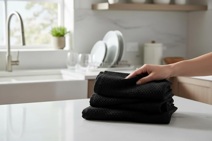 Serafina Home Black Textured Kitchen Hand Dish Towels 100% Cotton Cloth Soft Cleaning Drying Absorbent Terry Loop: Set of 3 Multipurpose for Everyday Use