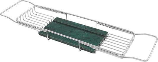 Expandable Bathtub Tray, Stainless Steel Bath Table Tray with Marble Board, Modern Luxury Bathtub Shelf for Bathrooms, Kitchen Sink (Silver + Green)