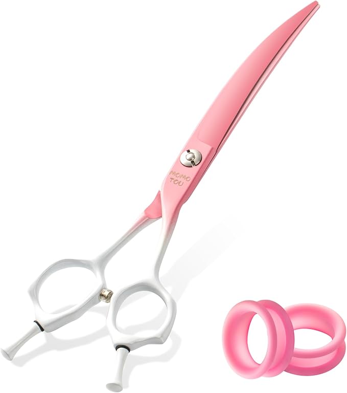 7'' Curved Dog Grooming Scissors Pink to White Gradient | 440C Stainless Steel, Sharp Durable, Professional or Home Use,Ergonomic Handle with 2 Silicone Finger Rings