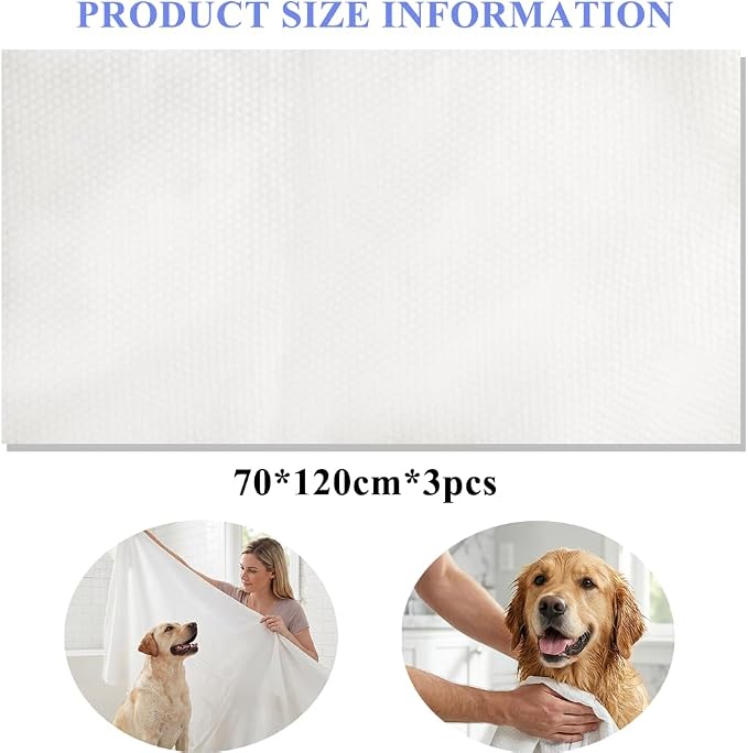 3-Pack Large Disposable Dog Towels, Absorbent Dry Wipes for Big Breeds | Absorbent & Quick-Dry / 27.5" x 47.2" Large Towel / Soft & Scratch-Free / Disposable & Time-Saving