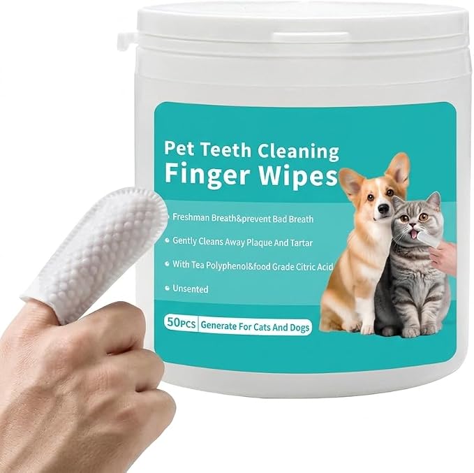 Pet Teeth Cleaning Finger Wipes for Dogs & Cats, Gentle Daily Oral Care Dental Wipes Helps Reduce Plaque Tartar & Freshens Breath, Dog Toothbrush Alternative for Puppies, Kittens & All Breeds,50 Count