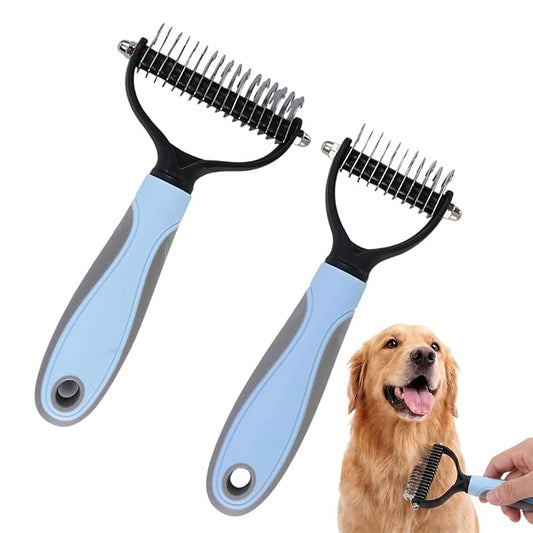 Double-Sided Pet Grooming Brush, Pro Tool For Dogs Shedding Stainless Steel Dual Tooth Undercoat Rake Detangling Comb Ergonomic Pet Grooming Brush (Blue, 2PCS)