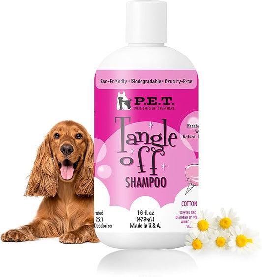 P.E.T. Tangle Off Detangling Shampoo for Dogs & Cats, Cotton Candy Scent – Cleans, Conditions & Loosens Knots for Silky, Shiny Coats – Sulfate-Free, pH-Balanced, Hypoallergenic – 16 oz