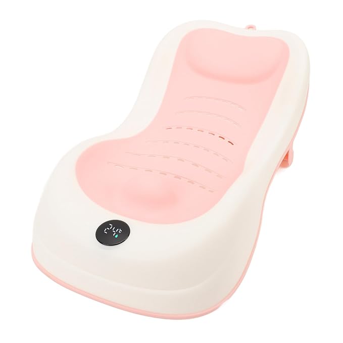 Asixxsix Baby Bath Support, Smart Temperature Sensing Non Slip Baby Bath Seat, Foldable Newborn Bathtub with Thermometer for Newborns Infants Toddlers (Pink)