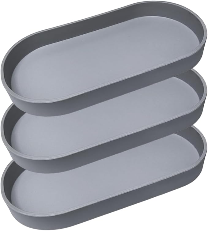 Gray Small Oval Tray (11.8 inch), 3 Pack, Countertop Organizer | for Kitchen Counter, Bathtub Bathroom Vanity Items, Coffee Accessory, Bar, Serving Seasoning, Salt and Pepper, Soap.