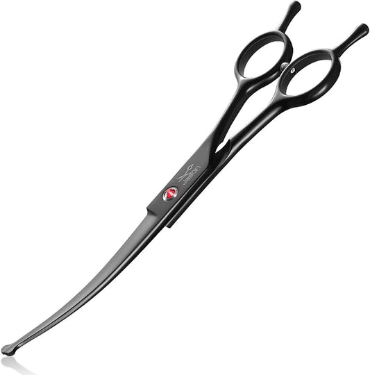 JASON 7" Dog Grooming Shear - Professional Up-curved Scissor with Round Tips Japanese Stainless Steel Hair Scissor for Dogs, Cats and Other Pets (Curved with Round Tips, Black) Christmas Gift