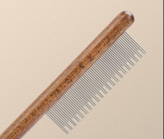 Professional Pet Rake Comb with Solid Wood Handle, Long and Short Teeth for De-shedding, Flea Removal and Grooming Dogs Cats, Removes Knots, Mats and Tangles