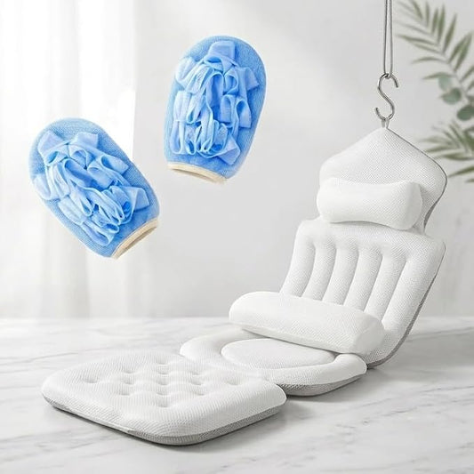 Luxury Full Body Bath Pillow for Tub - 4D Air Mesh Bathtub Cushion Mat with Extra Thick Neck, Back & Lumbar Support - Ergonomic Spa Pillow for Headrest & Shoulder Relief, Non-Slip, White