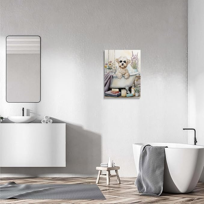 Framed Cute Dog Bathroom Wall Art Canvas Spa Bath Decor Gifts 12x16 Inches | Cute dog bathroom canvas with bath tub sunglasses lavender towels ready to hang for spa bathroom powder room pet lover decor