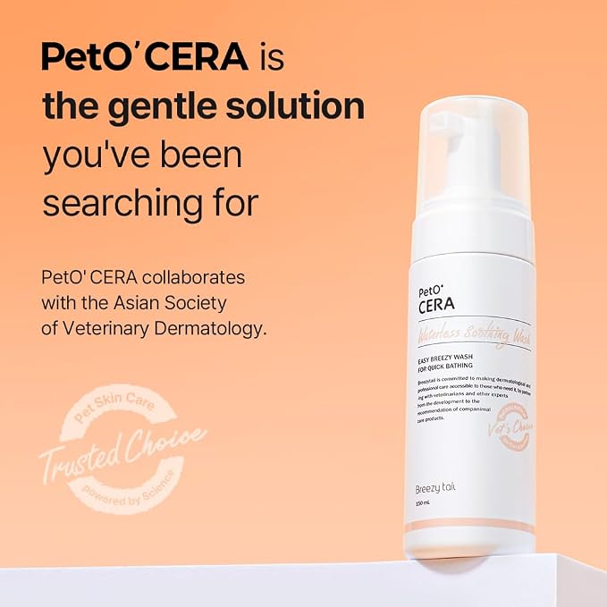 PetO’Cera Skin-First Waterless Cat Shampoo - 100% Licking Safe No Rinse Dry Bath Foam, Gentle & Hypoallergenic, Dander & Odor Control, Vet-Approved, 6.76 fl oz