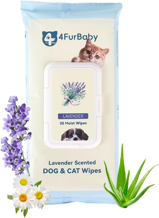 Dog Wipes for Paws and Butt, Lavender, 30 Count | 8" x 8" hypoallergenic and hydrating pet grooming wipes for dogs, cats, and daily care.