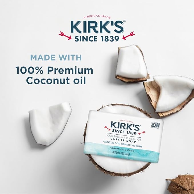 Kirk's Castile Bar Soap, Fragrance Free - Clinically Tested, Safe for Sensitive Skin with Coconut Oil, Vegan and Non-GMO - 4 oz Bars, 6 Pack and Fragrance Free Travel Bar