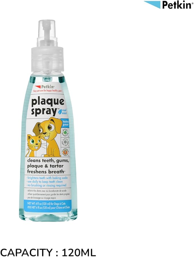 Petkin Plaque Spray, Cool Mint, 4 Fl Oz – Cleans Teeth & Gums, Removes Plaque & Tartar, Freshens Breath & Whitens Teeth with Baking Soda - Ideal Cat & Dog Dental Spray with No Brushing or Rinsing