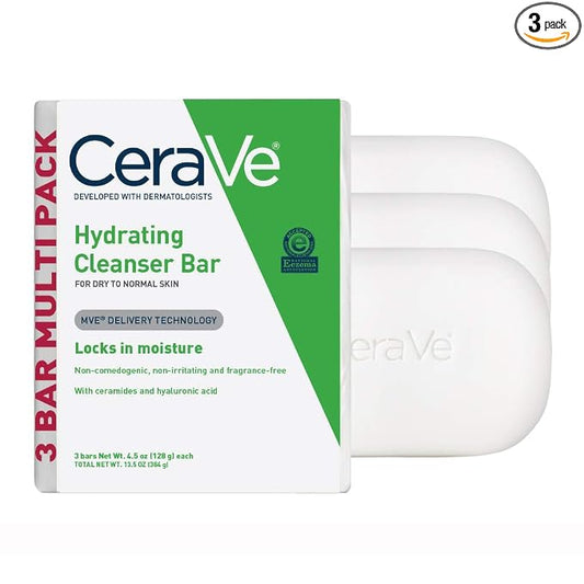 CeraVe Hydrating Cleanser Bar, Soap-Free Body and Facial Cleanser with 5% Moisturizing Cream, Fragrance-Free, 3-Pack, 4.5 Ounce Each