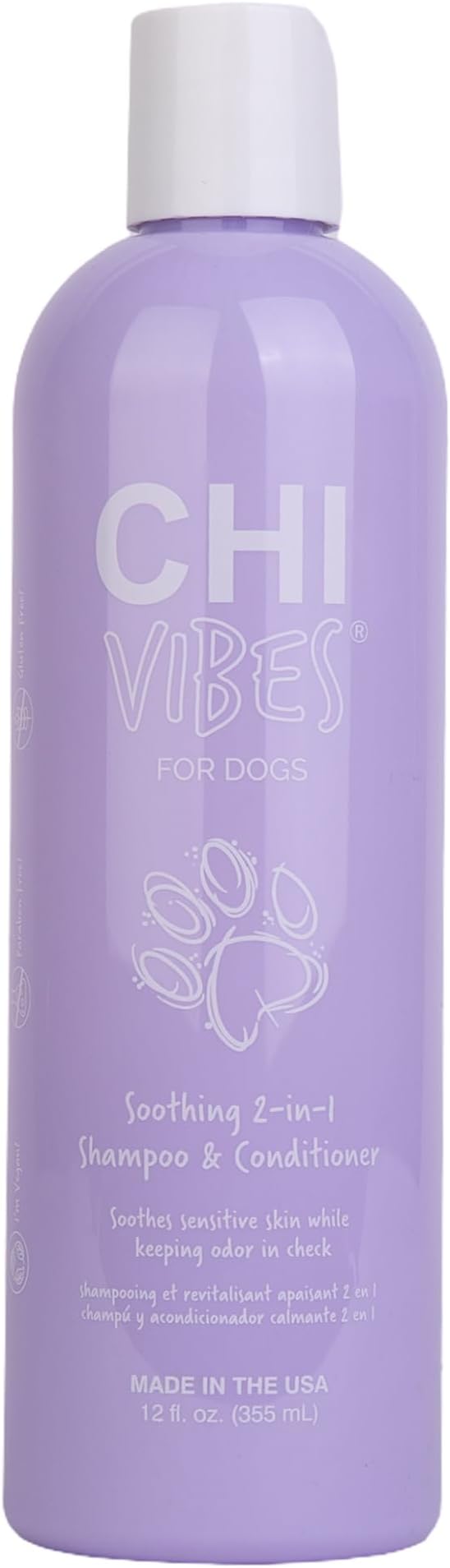 CHI Vibes for Dogs Soothing 2 in 1 Dog Shampoo and Conditioner Sensitive Skin Cleanser Dog Deodorizer for Puppies and Adults Vegan pH Balanced Gluten Paraben Free Made in USA 12 FL OZ Grooming