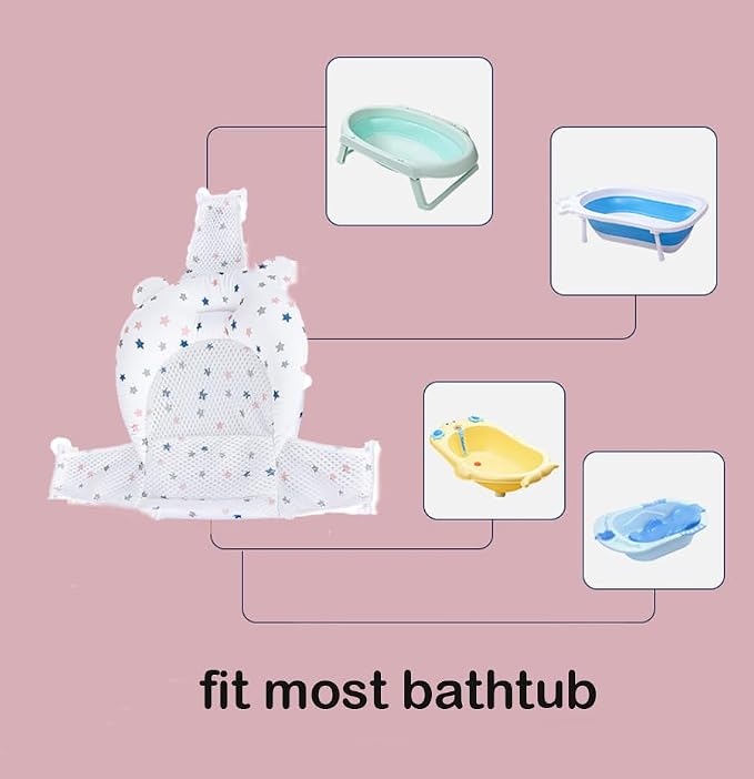 Baby Flotation Bath Cushion Infant Bath Seat Support Net Newborn Bathtub Mesh Pad with Pillow Baby Shower Lie Seat Toddler Bathing Shower Breathable Mat for 0-24 Months