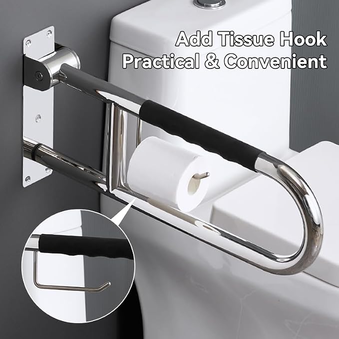 Toilet Grab Bar 23.6 Inch, BVTOURA Flip-Up Safety Rail with Soft Silicone Anti-Slip Finger-Grip Handle and Paper Holder, Stainless Steel U-Shaped Support Bar for Elderly Disabled, Brushed Nickel