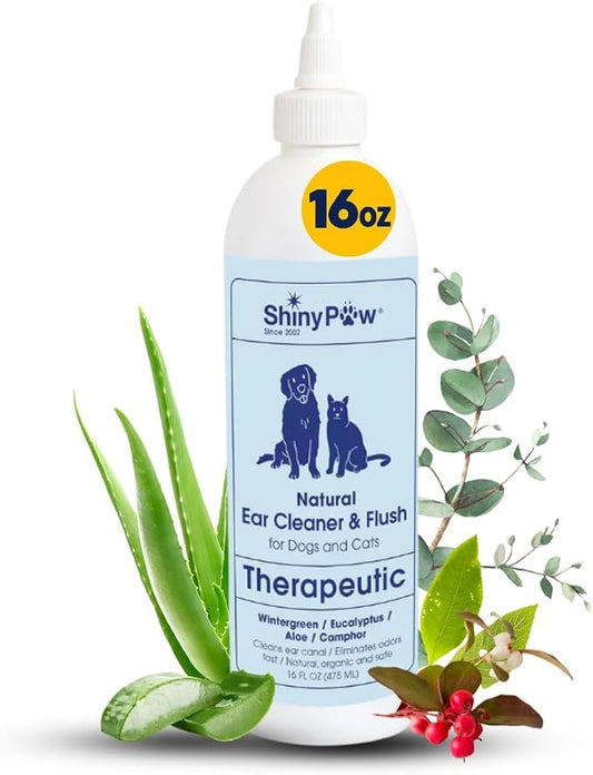 Dog Ear Cleaner Solution for Dogs & Cats 16 oz by Shiny Paw | Wintergreen, Camphor & Aloe – Gentle Ear Flush for Pets Health | Dog Ear Wash | Made in the USA