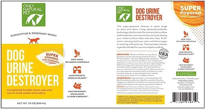 Only Natural Pet Enzyme Powered Stain & Odor Eliminator - Urine Destroyer for Dogs - Pet Urine Cleaner & Deodorizer - Hardwood Floors, Carpets & Upholstery - Eucalyptus & Rosemary - 32 fl oz - 2 Pack