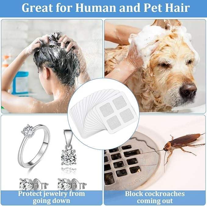 Disposable Shower Drain Hair Catcher, 3.94 Inches Square, 100 PCS | With Scrapper, Stickers for Bath & Kitchen, For Human & Pet Hair, Bathtub & Laundry Cover