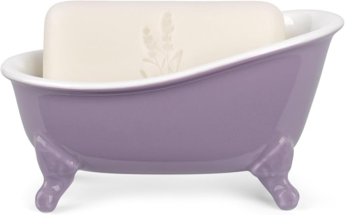 6.1" Vintage Ceramic Mini Decorative Clawfoot Bathtub Bar Soap Dish, Kitchen Sponge Holder and Shower Tray for Bathroom, 1 Pack (Lavender)