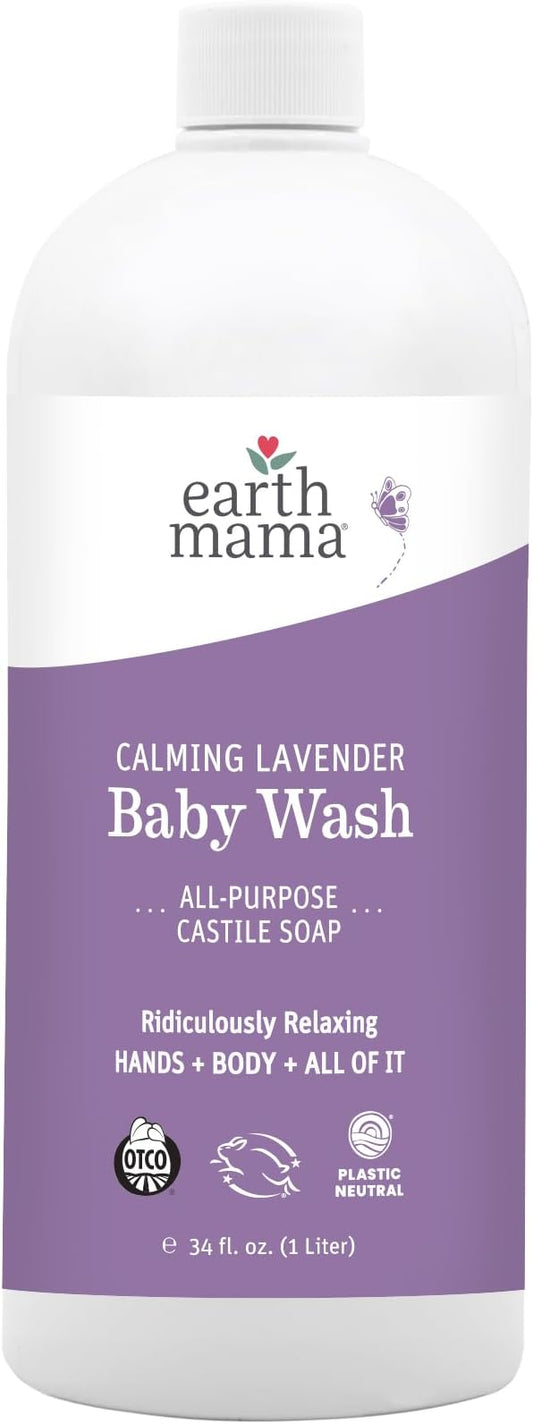Earth Mama Calming Lavender Baby Wash Liquid Foaming Hand Soap Refill, All-Purpose Lavender Body Wash for Sensitive Skin, Castile Soap with Coconut Oil, Shea Butter, Calendula, & Aloe, 34 Fl Oz