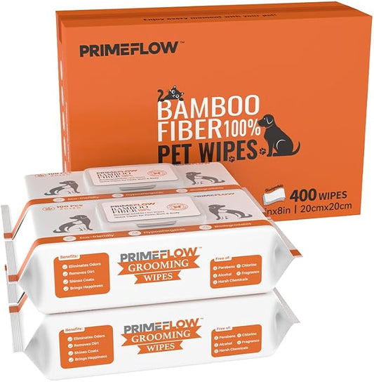 Pet Wipes for Dogs & Cats 100% Bamboo Grooming Wipes, 400 Count Bulk Family Pack | Alcohol-Free, Fragrance-Free 8 x 8 in Plant-Based Wipes for Paws, Body, Face & Rear | Lab-Tested
