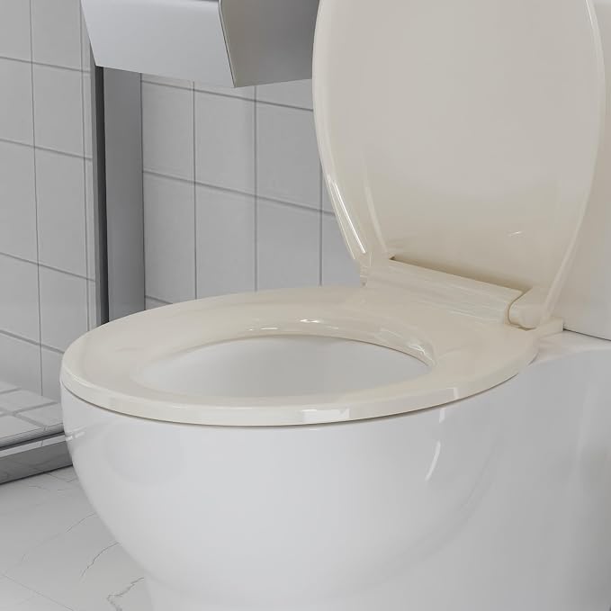Round Toilet Seat, Soft Close Noiseless Lid, Slow Close Anti-Slam Design, American Standard Compatible,Almond