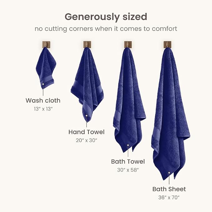 BIOWEAVES 100% Organic Cotton Bath Towel Set | 700 GSM Plush 6-Piece Premium Towel Set GOTS Certified, 2 Bath Towels, 2 Hand Towels & 2 Washcloths - Navy Blue