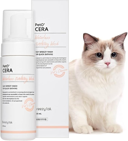 PetO’Cera Skin-First Waterless Cat Shampoo - 100% Licking Safe No Rinse Dry Bath Foam, Gentle & Hypoallergenic, Dander & Odor Control, Vet-Approved, 6.76 fl oz
